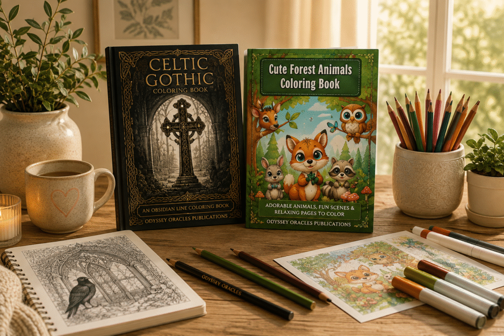 Celtic Gothic and Cute Forest Animals coloring books displayed with art supplies